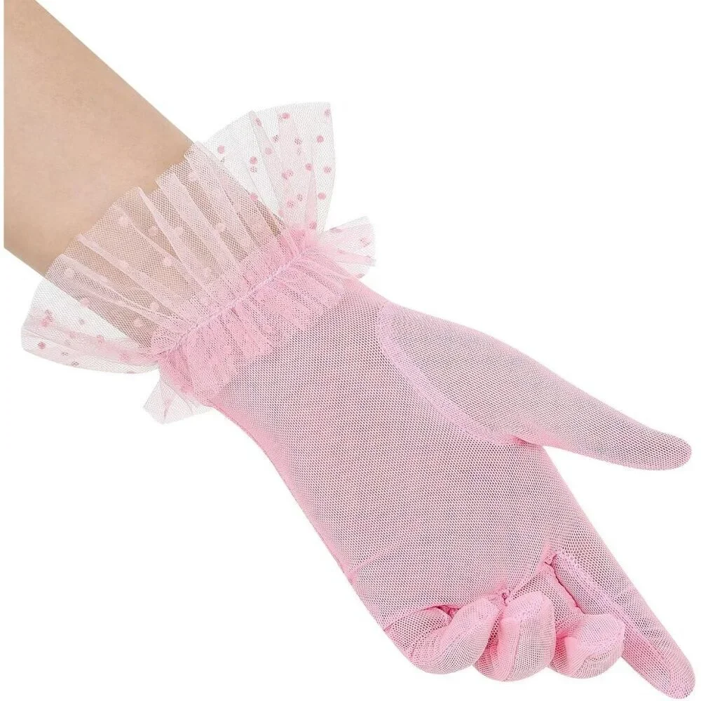 Women's Short Lace Dark Pink Sheer Mesh Tea Party Prom Gloves Banquet Costume